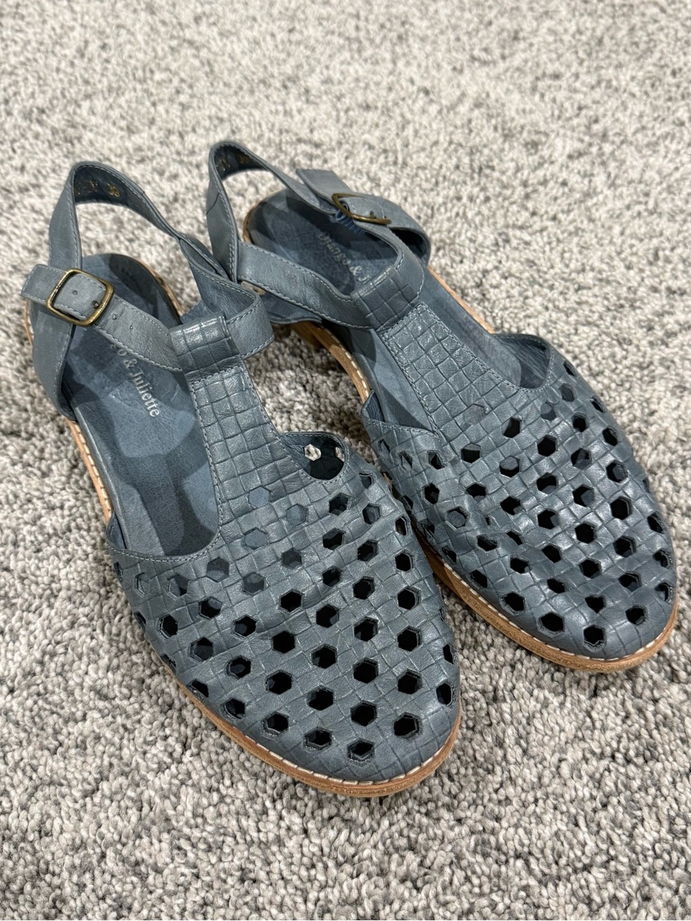 Django Juliette Blue Grey Cutout Leather Strappy Sandals Flat Women’s 39 US 8 - Picture 2 of 13